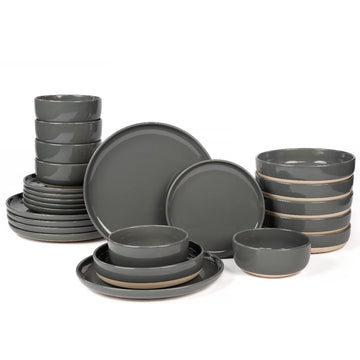 24-Piece Dinnerware Sets for 6, Ceramic Plates and Bowls Set with Partially Unglazed Base, Handcrafted Look