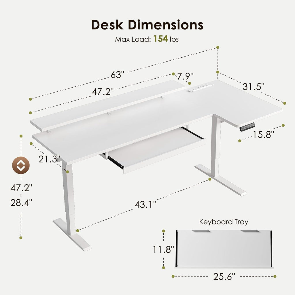 63 Inch Reversible L Shaped Electric Standing Desk, White | Monitor Stand, Keyboard Tray, Power Outlets, 3 Memory