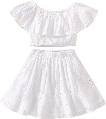 Kids Baby Girls Outfits Floral Ruffle Off Shoulder Crop Tops + Bowknot Denim Shorts Skirt Set Toddler Summer Clothes