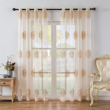 Luxury Damask Embroidered Sheer Curtains for Bedroom Transparent Tulle Curtain,52inchX96inch,Grommet Top,2 Panels