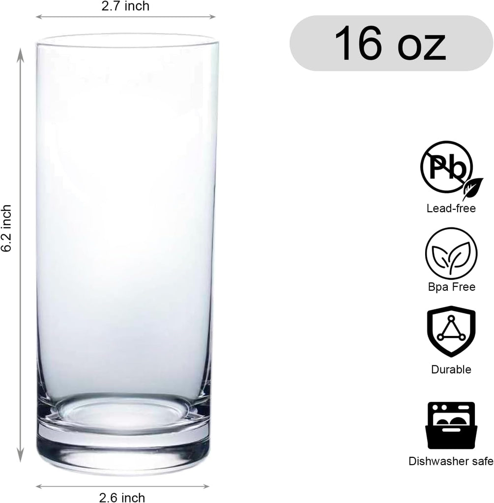 Drinking Glasses Set of 6, 16oz Crystal Highball Glasses, Clear Tall Glass Cups,Water Glass ,Tom