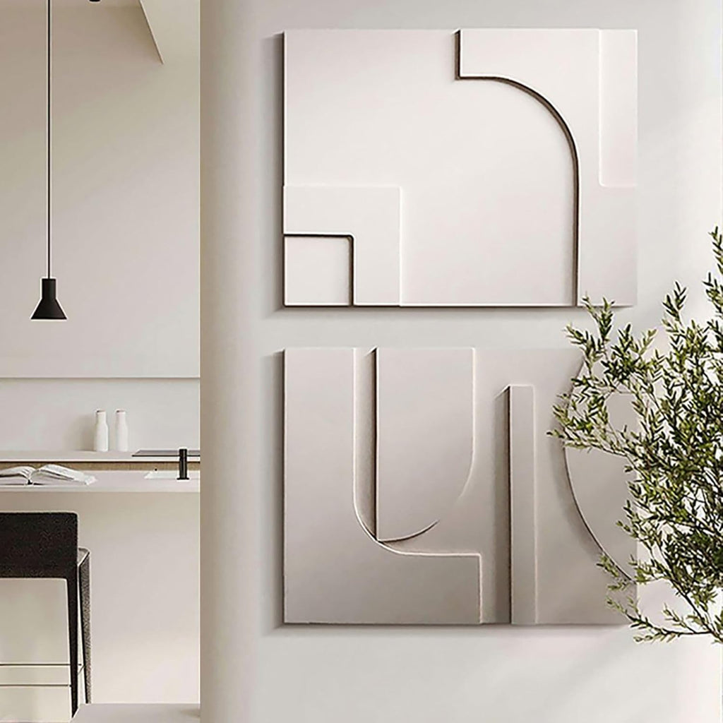 2-Piece White Japandi 3D Abstract Wall Art Set - Modern Minimalist Carved Wall Sculpture (White, 27.6" W x 1.2" D x - Set of 2