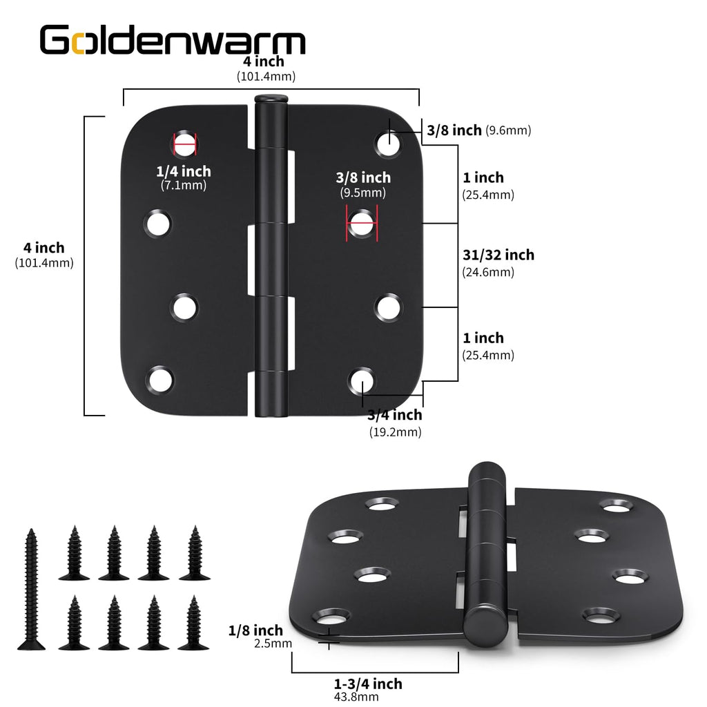 3 Pack Matte Black Door Hinges 4"x 4" with 5/8" Radius Corners