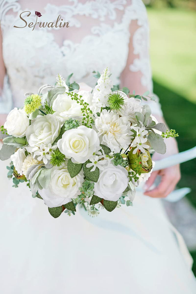 White Artificial Flowers Combo, Silk Rose Flowers for Wedding