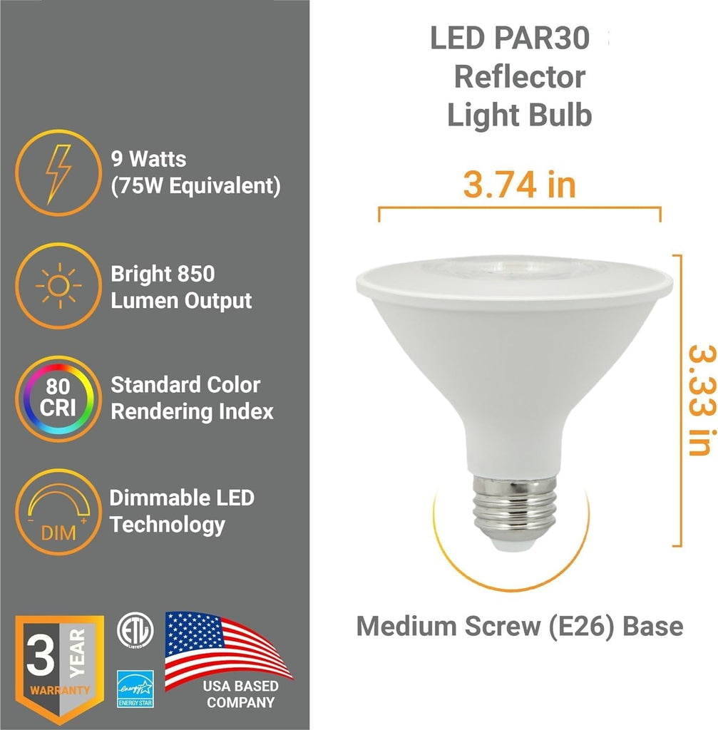 PAR30 LED Short Neck Flood Light Bulb 9W (75W Equivalent) 850 Lumen 2700K Warm White Dimmable E26 Medium Base Pack