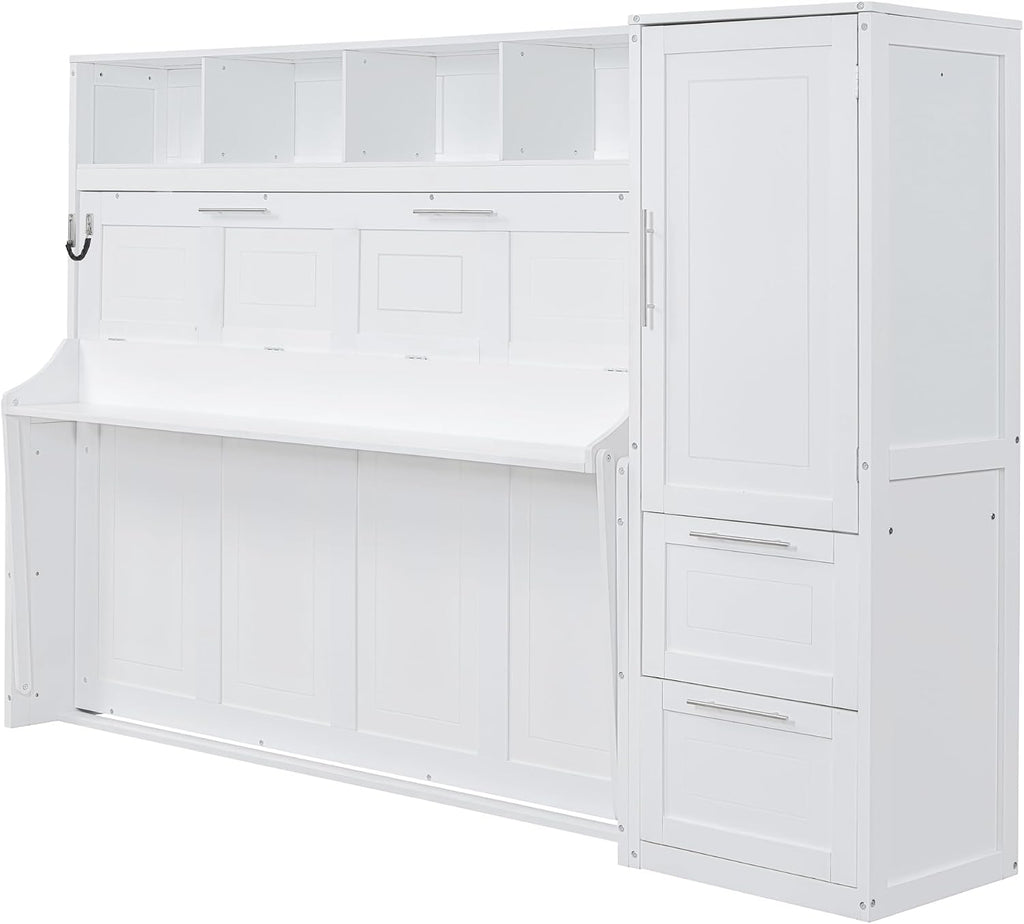 Queen Horizontal Murphy Bed with Desk, Wardrobe, Storage Drawers & Shelves, White
