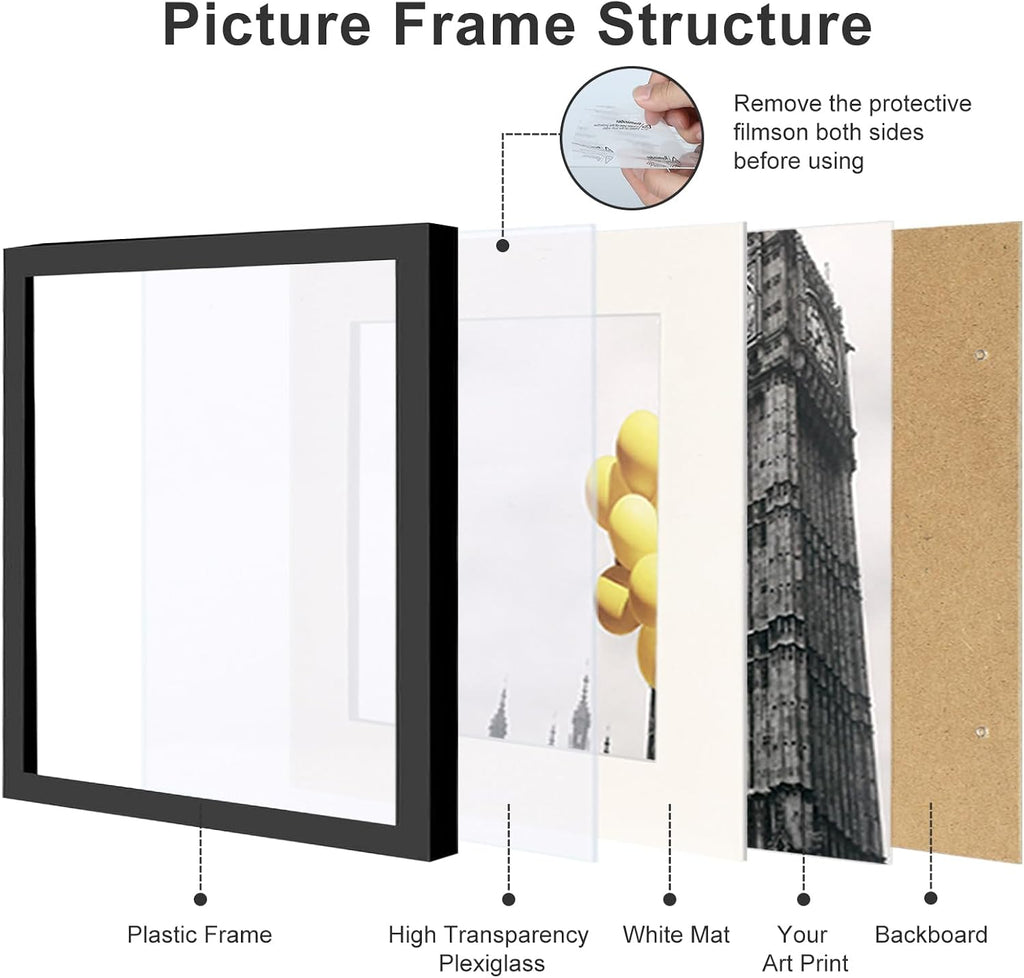 12x12 Picture Frame Set of 9, Display Pictures 8x8 with Mat or 12x12 without Mat, Multi Collage Gallery Square Photo