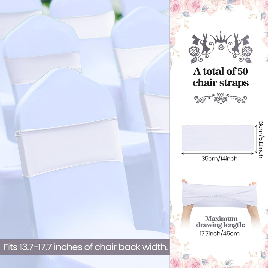 50Pcs Spandex Chair Sashes Bow Chair Band Slider Sash Cover, White