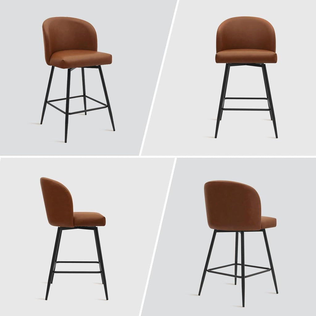 Counter Height Bar Stools Set of 2, 360° Swivel Upholstered Barstools with Backs and Metal Legs, 26" H Seat Height