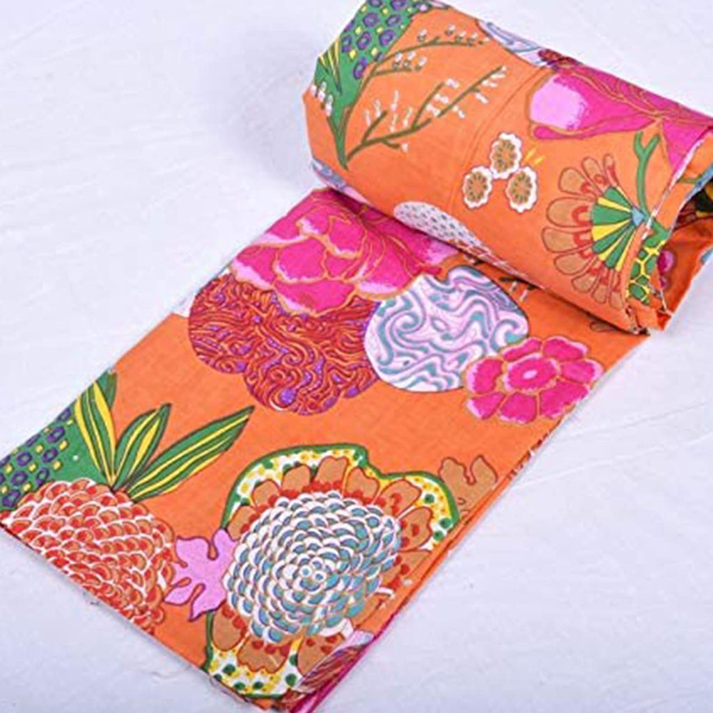 Indian Vintage Floral Print Cotton Fabric Dressmaking Materials Running Fabric by The Yard (Orange, 10 Yard)