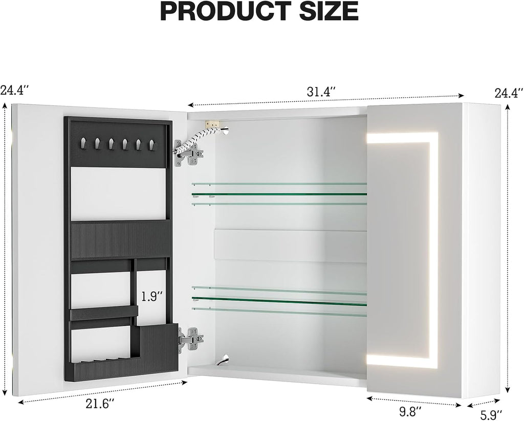 24"x32" Bathroom Medicine Cabinet with Mirror & Lights, White | Anti-Fog, Dimmable, Wall Mounted, Memory Function
