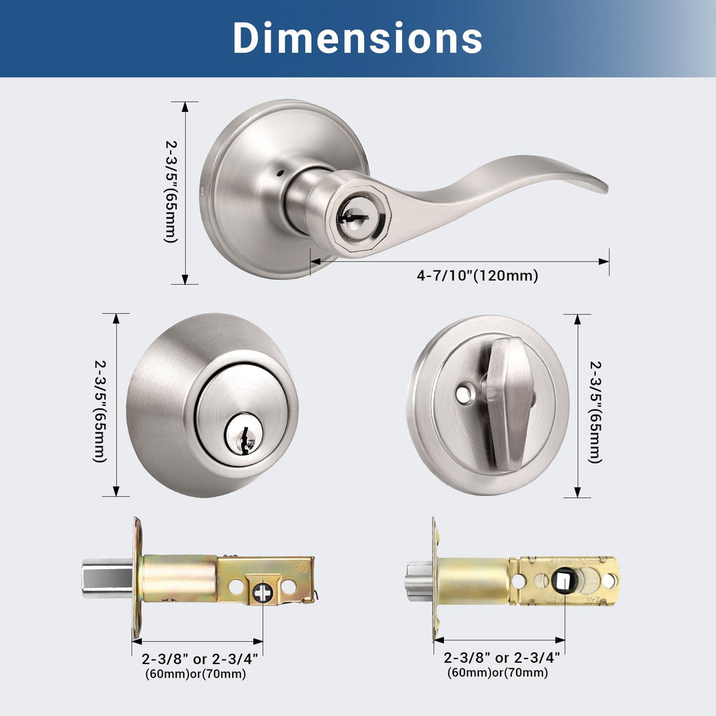 6 Pack Entry Lock with Single Cylinder Handleset Satin Nickel, Keyed Alike(Combo Pack), Wave Style Door Lever Lockset