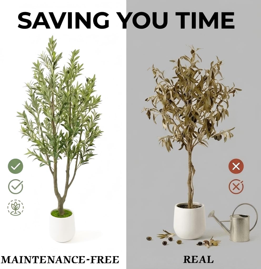 6FT Artificial Olive Tree with White Tall Planter, 72" Realistic Silk Leaves & Fruits Faux Olive Tree, Tall Potted