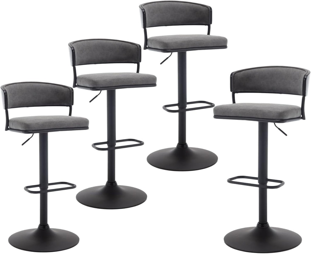 Adjustable Modern Bar Stools Set of 4 Faux Leather Barstools Swivel Counter Height Bar stools with Curved Back/Black