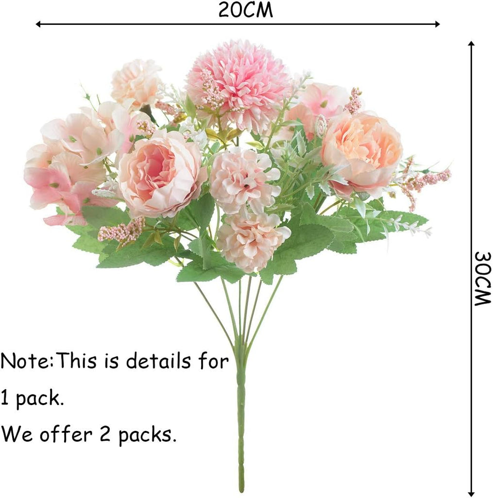 Artificial Flowers, 2 Pack Fake Peony Silk Hydrangea Bouquet Decor Plastic Carnations Daisy Realistic Flower - Set of 2