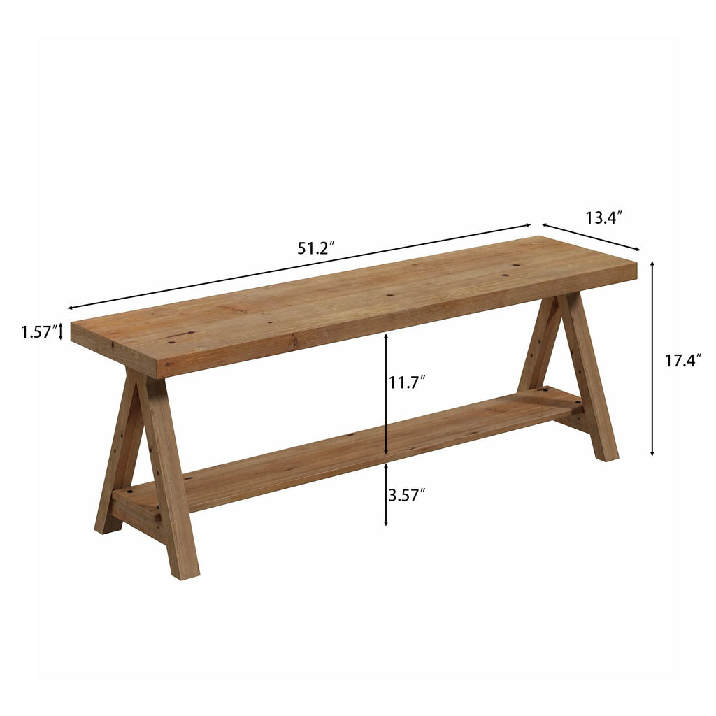 51" Solid Wood Bench, Long Farmhouse Entryway Bench with Storage