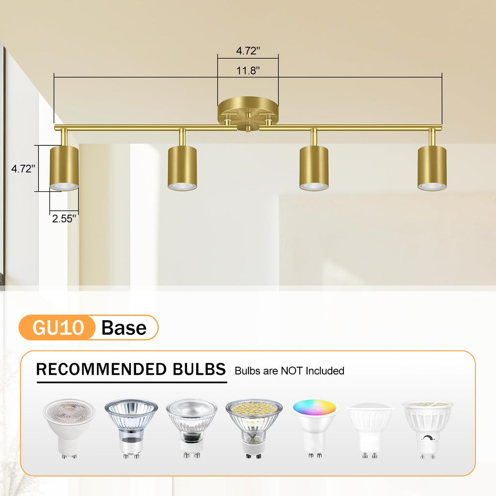 Gold LED 4 Light Track Lighting Kit, 4 Way Ceiling Spot Lighting, Flexibly Rotatable Light Head, Bulb Not Included