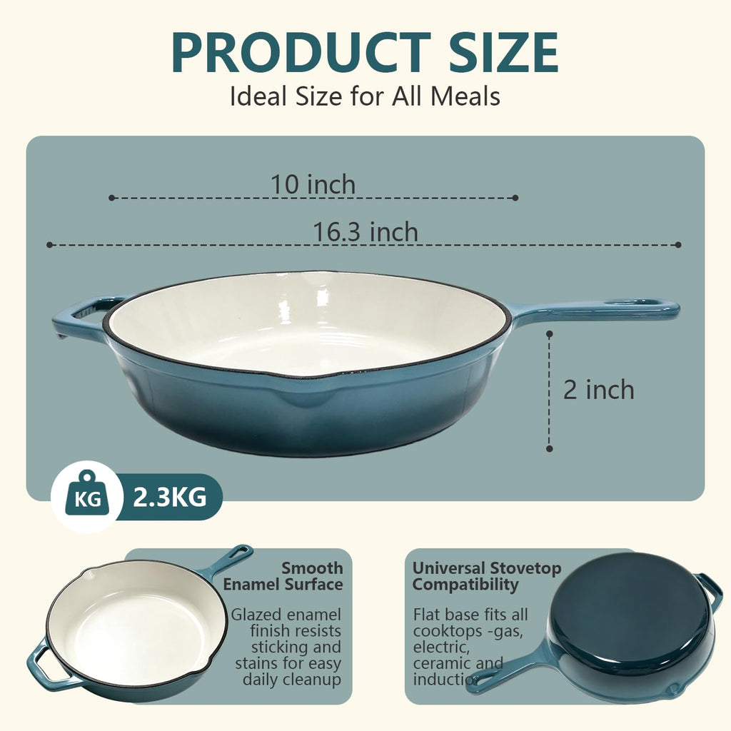 Enameled Cast Iron Skillet, Nonstick Frying Pan (Peacock Blue, 10 inch)