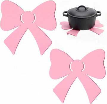 Pink Bow Cast Iron Trivets for Hot Dishes, Heat Resistant Kitchen Trivet Set for Countertop Protection - Set of 2
