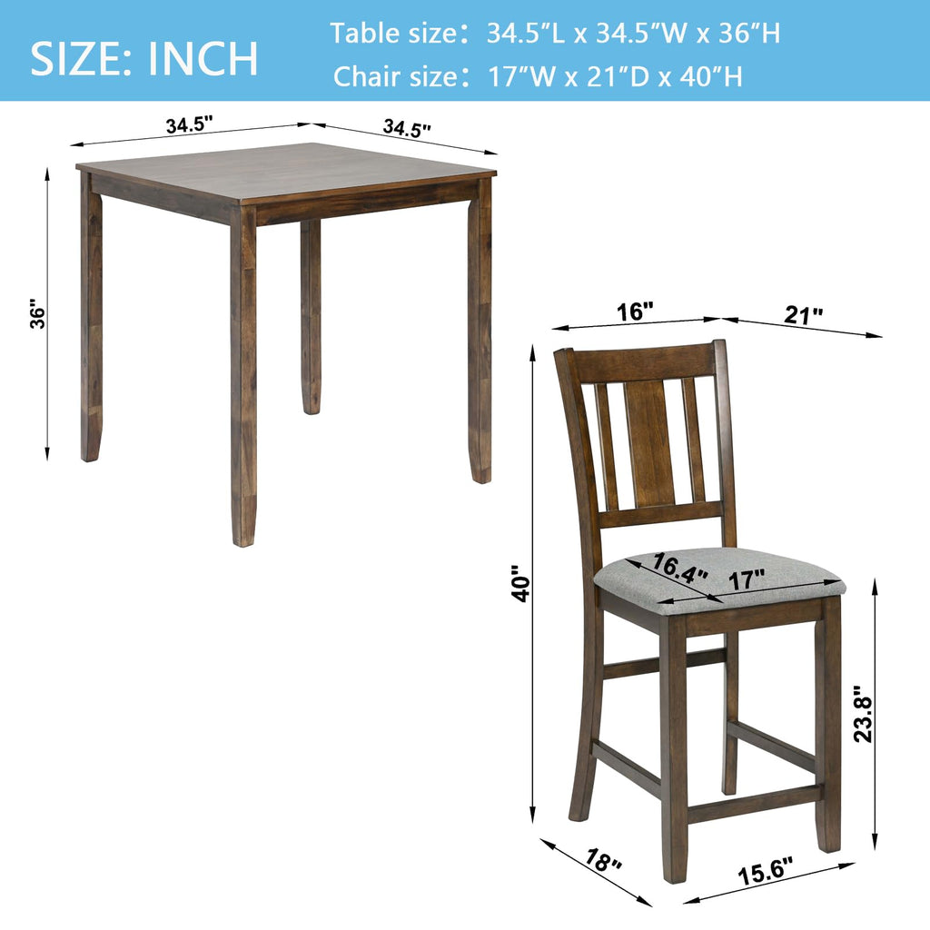 5-Piece Counter Height Dining Table Set with Square Table and 4 Upholstered Slatted Backrset Chair, for 4 Person