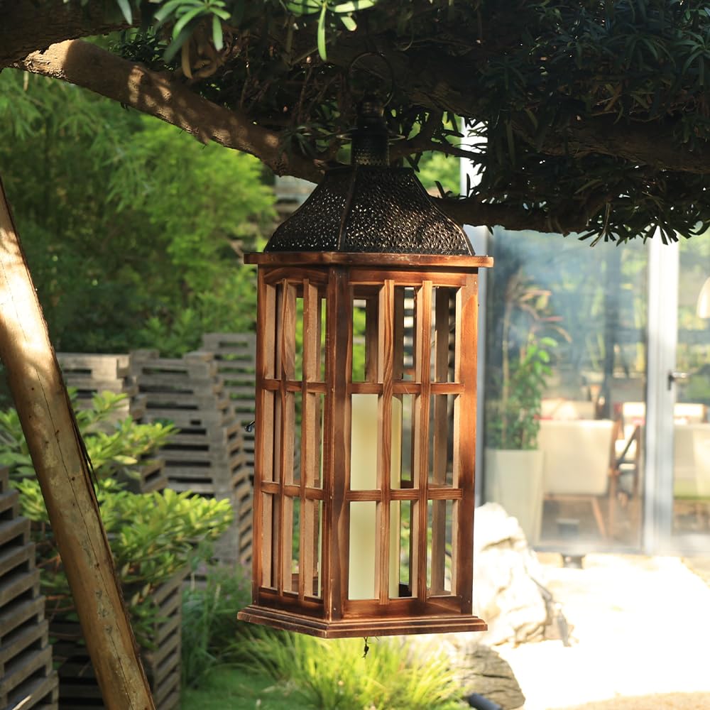 Large Farmhouse Wooden Metal Lantern Set of 3, 27''/22''/15'' H Rustic Decorative Indoor & Outdoor Hanging Candle