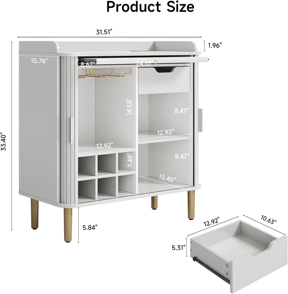 Fluted Bar Cabinet with Storgae, Wine Cabinet, 33" H, White | Coffee Bar Cabinet, Liquor Cabinet, with Charging