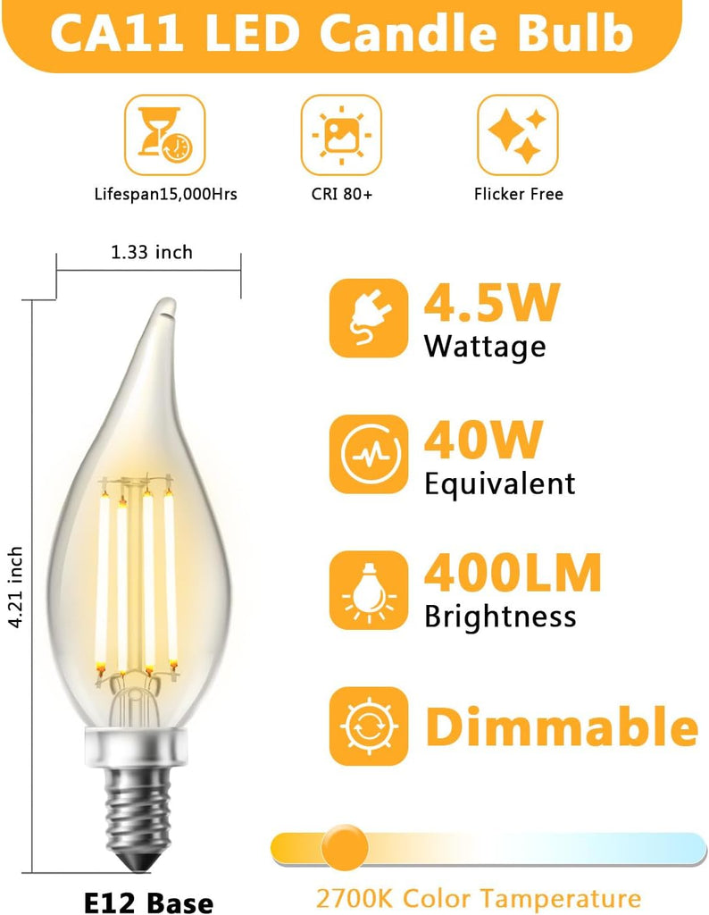 Chandelier Light Bulbs, Candelabra Light Bulbs 40 Watt Equivalent E12 LED Bulb Dimmable, 2700K Soft Warm White, 4.5W
