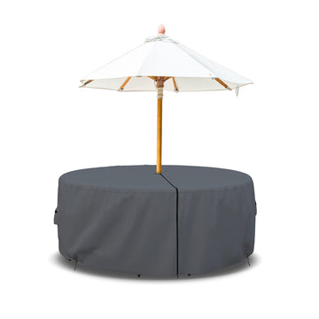 Round Table and Chair Set Cover with Umbrella Hole - Heavyduty 12 Oz Waterproof Outdoor Backyard Furniture Cover with