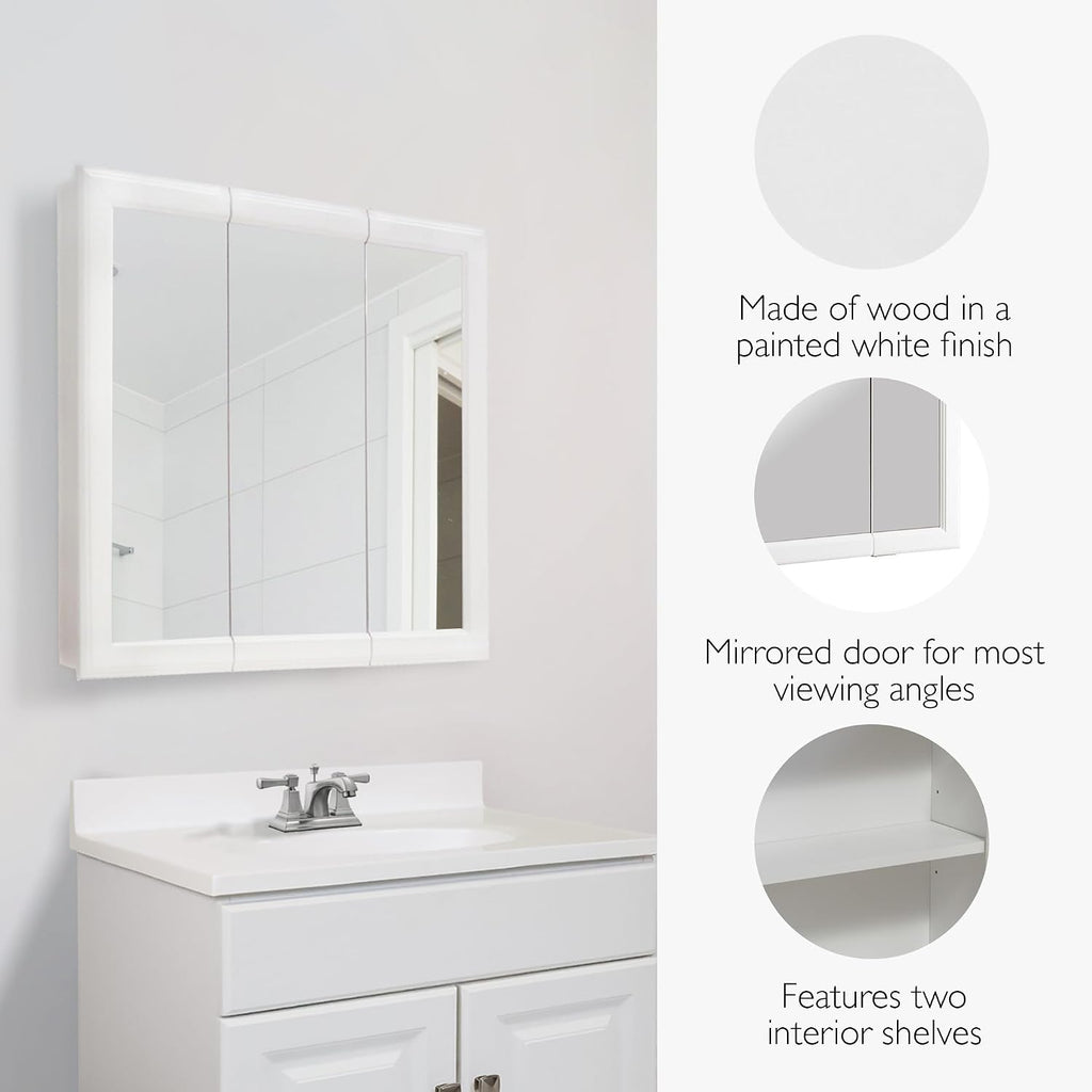 Wyndham Bathroom Medicine Cabinet with Mirror, 30 Inch Wall Mount Medicine Cabinet, 3 Mirrored Doors, Bathroom Wall