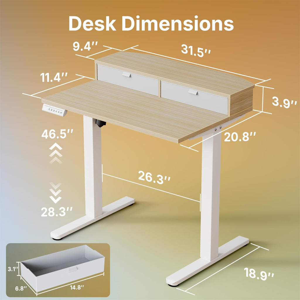 32" X 21" Electric Standing Desk with 2 Drawers, C-Clamp Mount Compatible, Height Adjustable Computer Desk, Home
