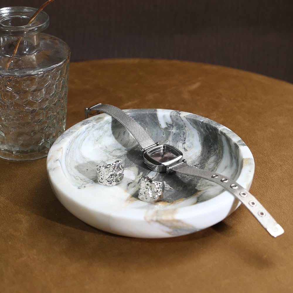 5.5" Marble Jewelry Tray for Vanity, Trinket Dish for Rings Earrings Necklace Keys, Natural Marble Decorative Tray