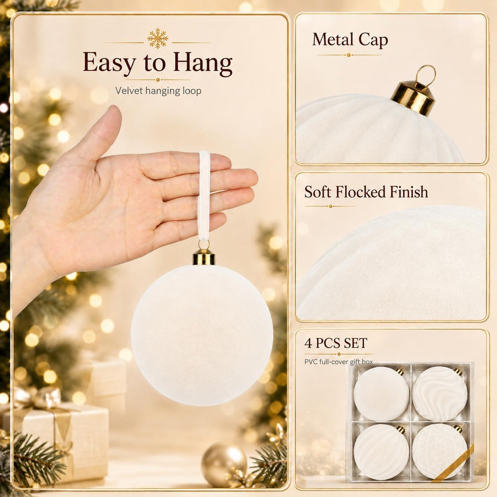 Inch Velvet Christmas Ball Ornaments, Large Tree Decorations, Cream, 4 - Set of 4