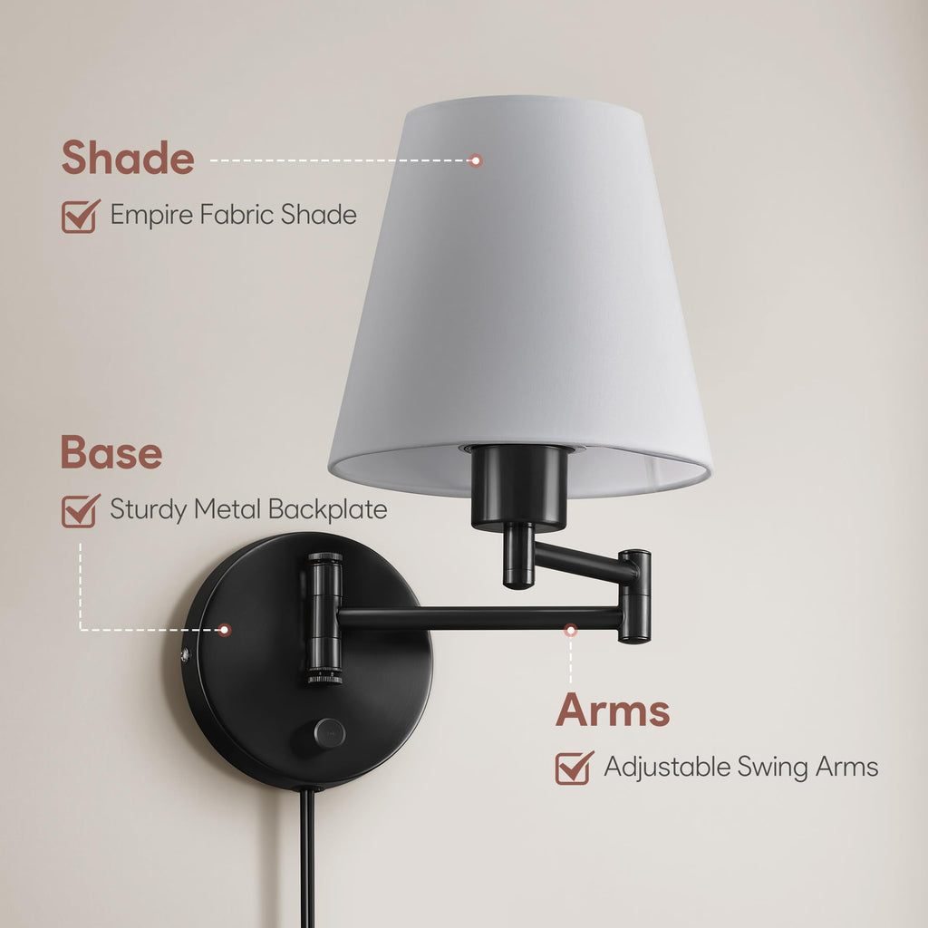 Wall Sconce Set of 2, Plug in & Swing Arm Wall Lamps, Black Finish