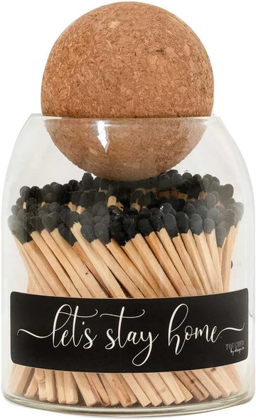 Let's Stay Home Cute Glass Match jar Cloche | Approx 135 Decorative Wooden Black tip Matches for Candles & décor