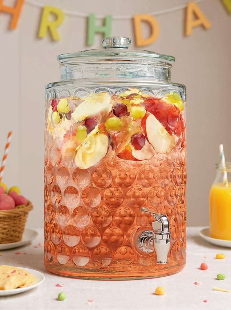 2 Gallon Beverage Serveware with Glass Lid - Elegant Bubble Pattern Design 100% Leakproof Glass Drink Dispenser