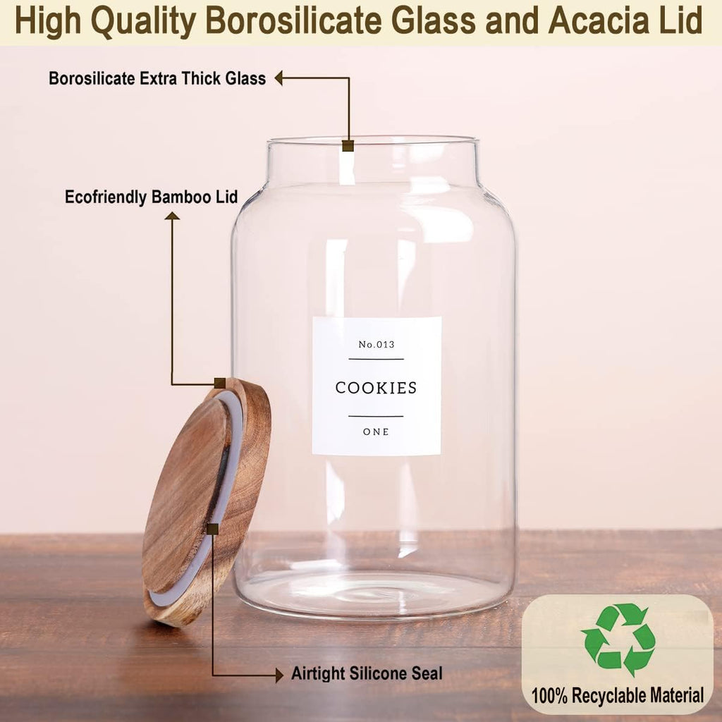 1 Gallon Large Glass Cookie jar with Airtight Acacia lids - Thicken Big Food Storage Containers with 42 Kitchen