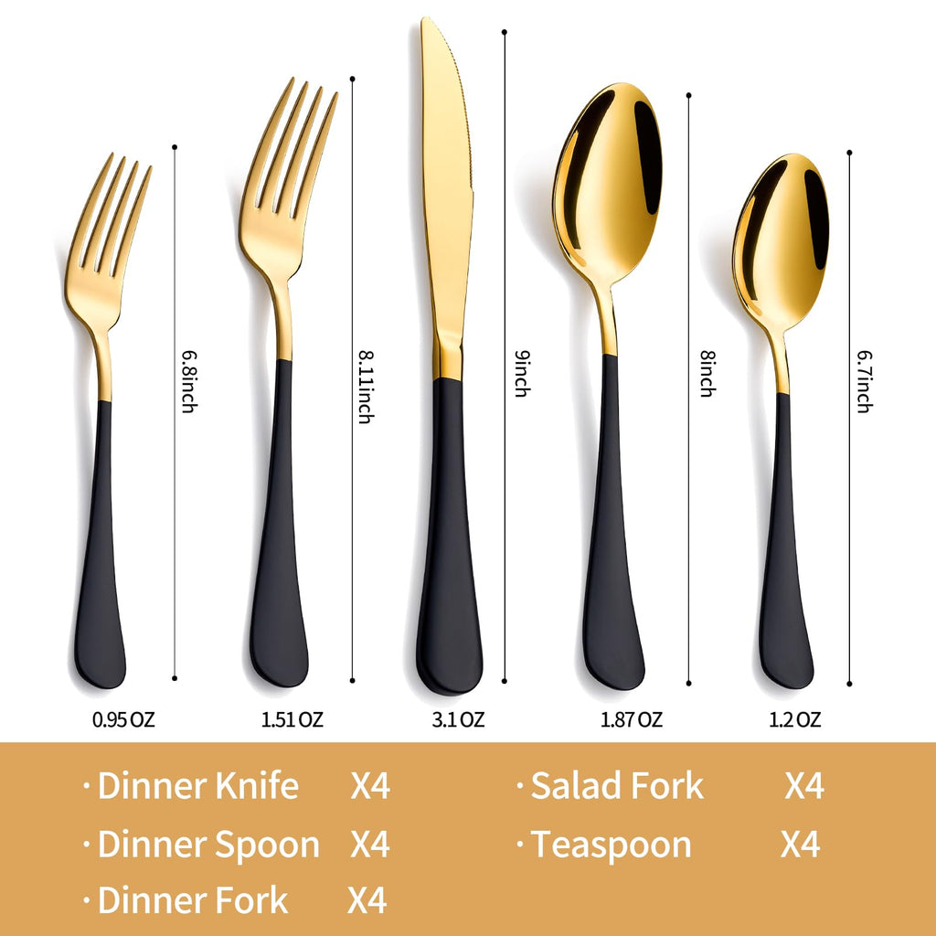 20-Piece Black and Gold Silverware Set 18/0 Stainless Steel Silverware Set Black Handle Cutlery Set Service for 4