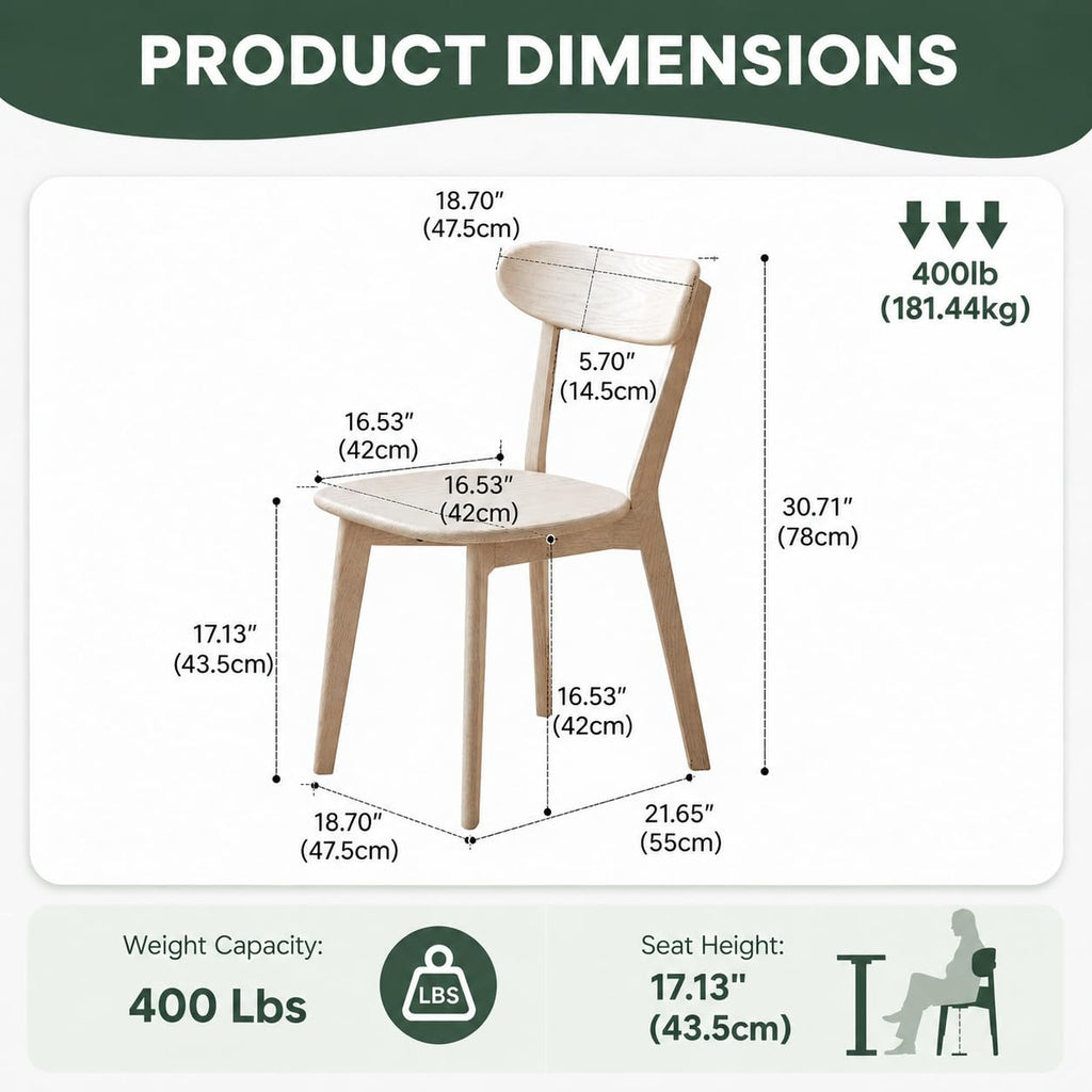 Dining Chairs, Kitchen Chairs, 100% Oak Solid Wood Modern Chair with Curved Backrest Kitchen & Dining Room Chairs