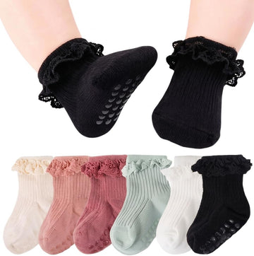 Baby Girl Ruffle Socks with Grips Soft Cotton Non Slip Ankle Socks