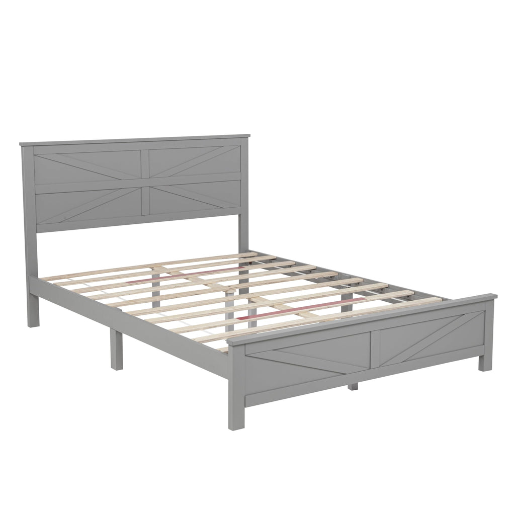 Rustic Platform Bed Frame with Barn Door Design Headboard and Footboard, Pine Wood Bed with Wooden Slats