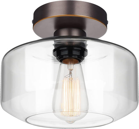 Industrial Semi Flush Mount Ceiling Light, Clear Glass Pendant Lamp Shade, Oil Rubbed Bronze Farmhouse Lighting