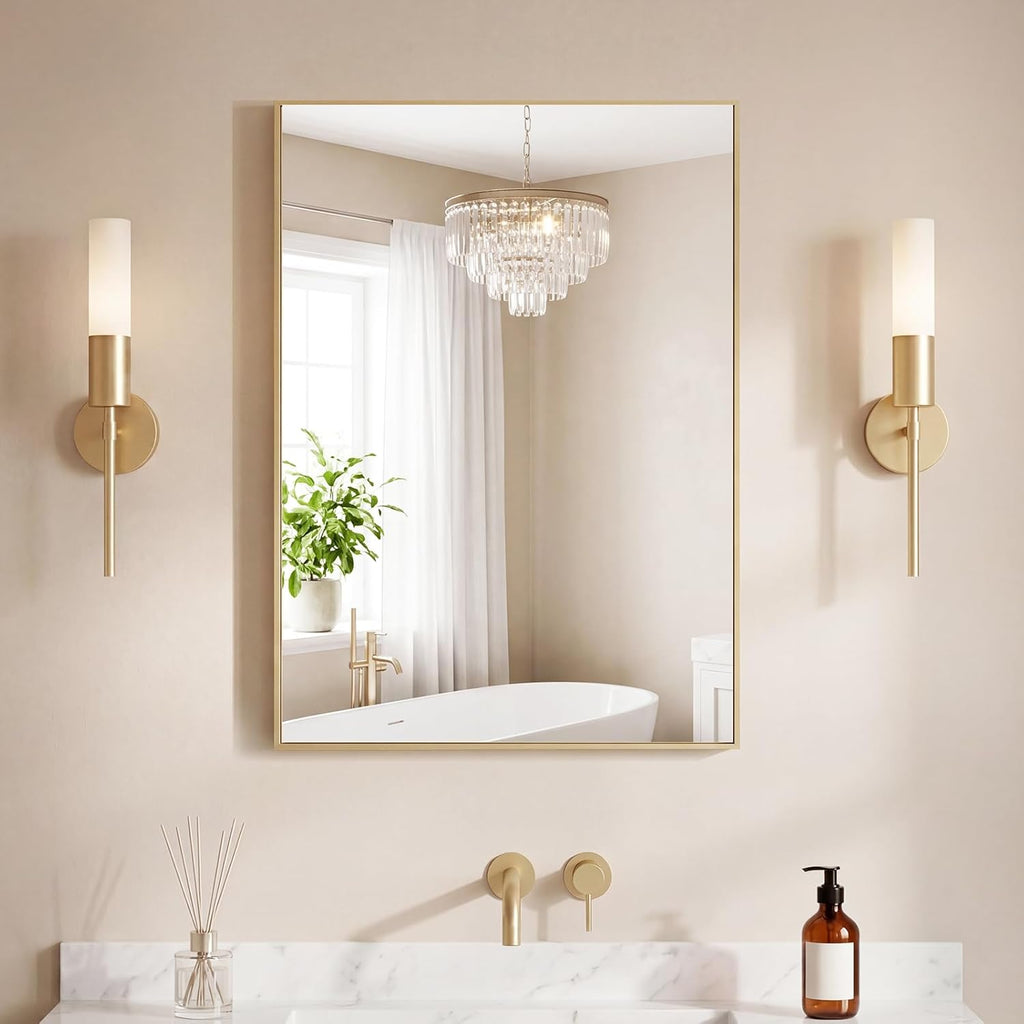 22"x30" Wall Mirror, Bathroom Mirrors for Over Sink, Gold, Tempered Glass & Anti Rust Metal Frame, Decor