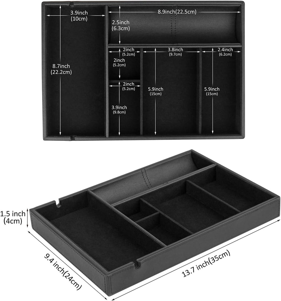 Faux Leather Valet Tray for Gift, Nightstand Organizer Decorative Dresser Tray Box with Phone Charging Station