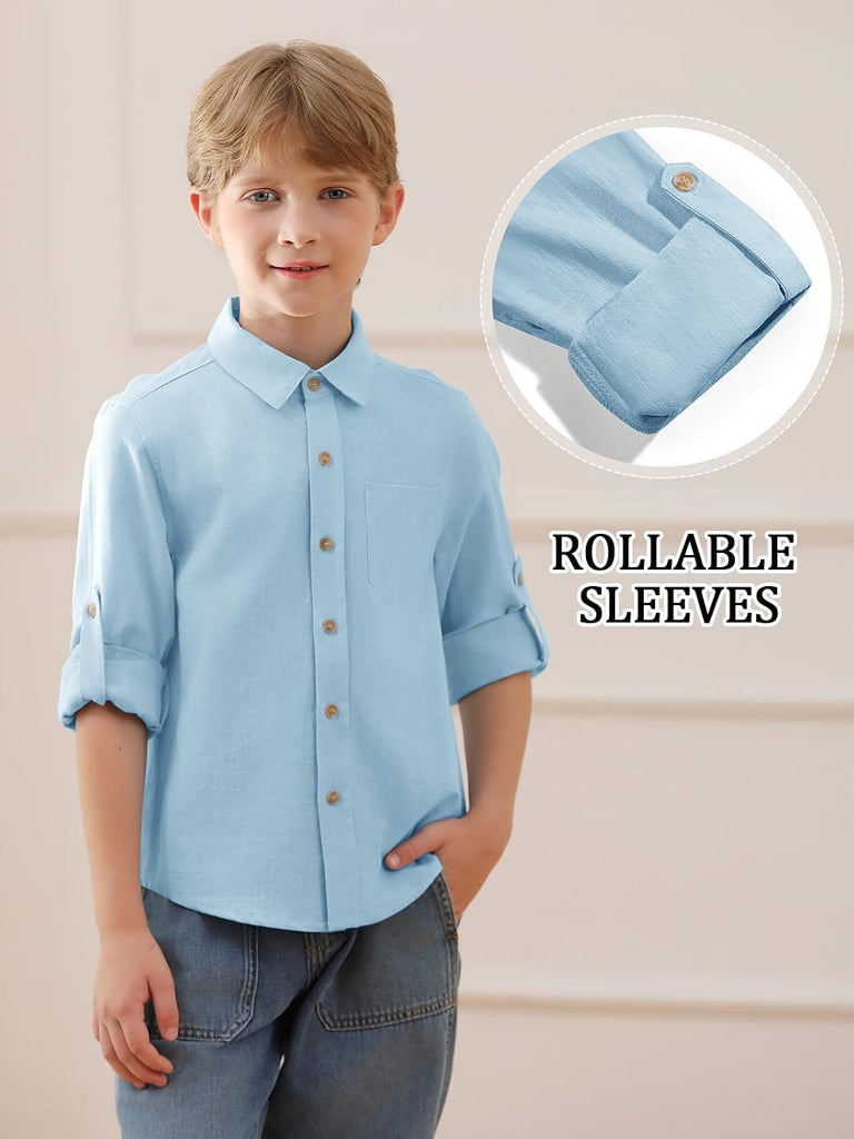 Boys Linen Button Down Dress Shirt Long Sleeve Tops