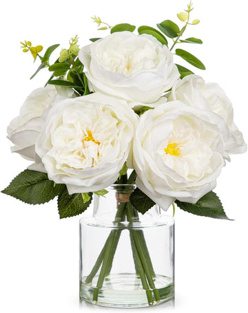 Real Touch Peonies Artificial Flowers Arrangements in Vase White Fake Peonies with Glass Vase Silk David Austin Roses
