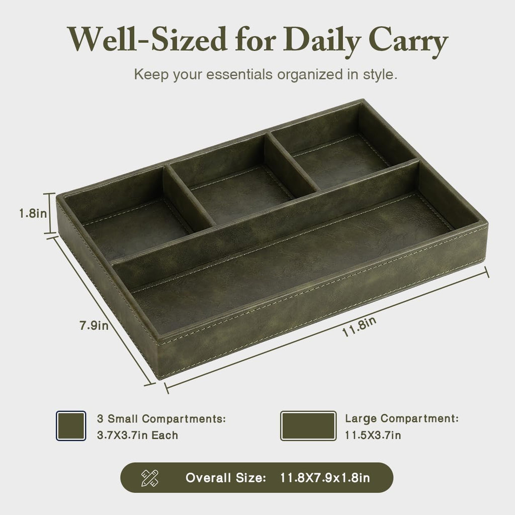 Valet Tray for Men, Leather Tray EDC Desk Organizer, Olive Green
