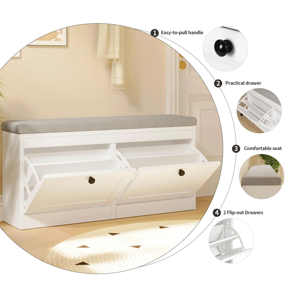 Shoe Bench with 2 Flip Drawers, Shoe Organizer Storage Bench with Adjustable Shelves (White)