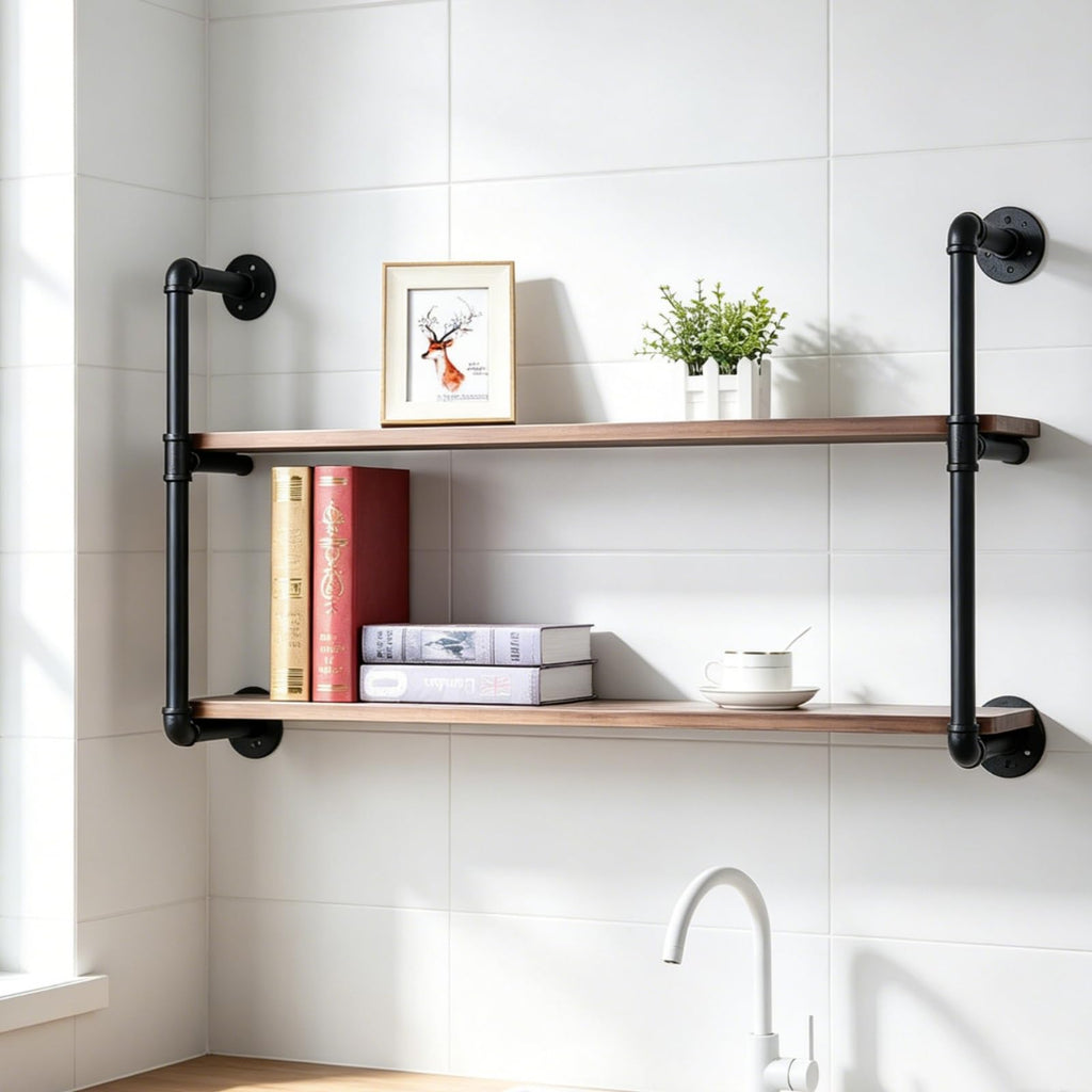 Industrial Pipe Shelves With Wood Planks, Rustic Pipe Shelving Wall Shelf