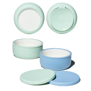 Porcelain Kids Bowls 2-Pack with Removable Suction Base & Silicone Lid, Non-Toxic Toddler Feeding Bowls, Microwave &