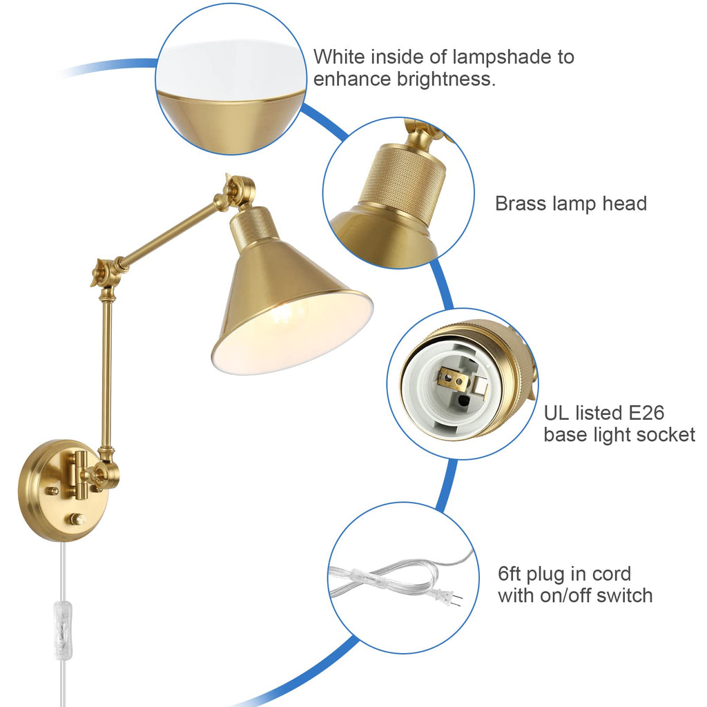 Wall Sconces Plug in, Dimmable Wall Sconces Brushed Brass Swing Arm Wall Lights Plug in Wall Mounted Light Industrial